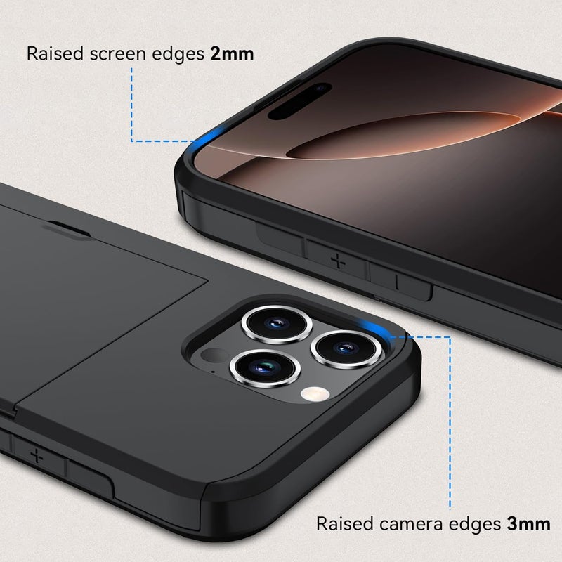 QMAY Compatible with iPhone 16 Pro Max Case with Card Holder, Dual Layer Shockproof,Heavy Duty Protective Hidden Slot Slim Wallet Phone Cover，Black - Image 4